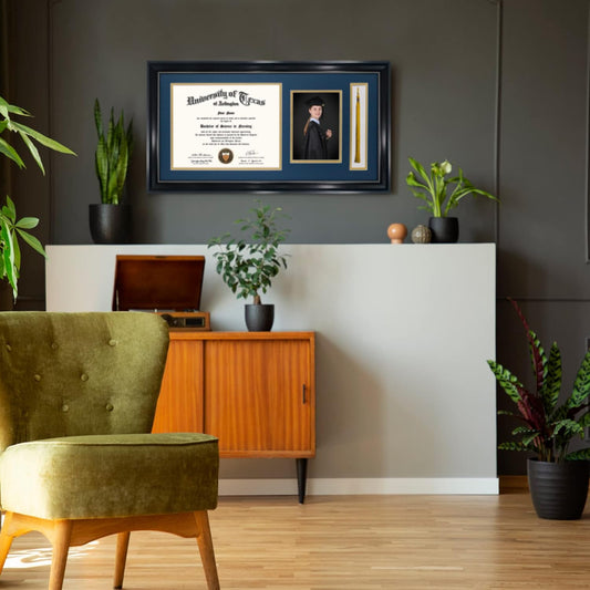 GraduationMall 11x22 Black Diploma Frame with Tassel Holder and Picture for 8.5x11 Certificate 5x7 Photo,Real Glass,Navy over Gold Mat