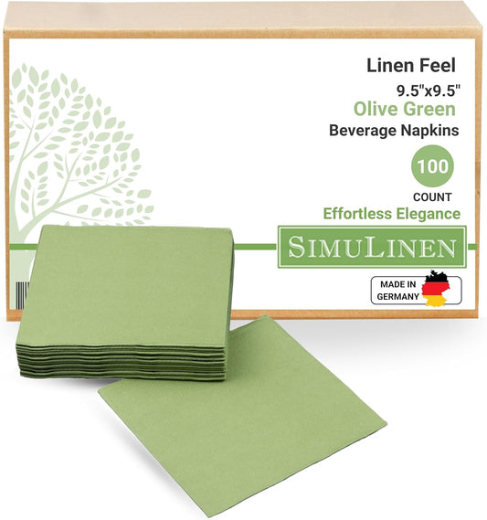SimuLinen Olive Green Beverage Napkin - Disposable and Absorbant - Party Napkin/Cocktail napkins - Pack of 100