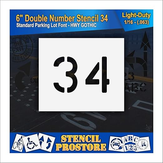 Pavement, Curb, and WheelStop Stencils - 6 inch Double Number Stencil - (34) - 6" x 9" x 1/16" (63 mil) - Light-Duty