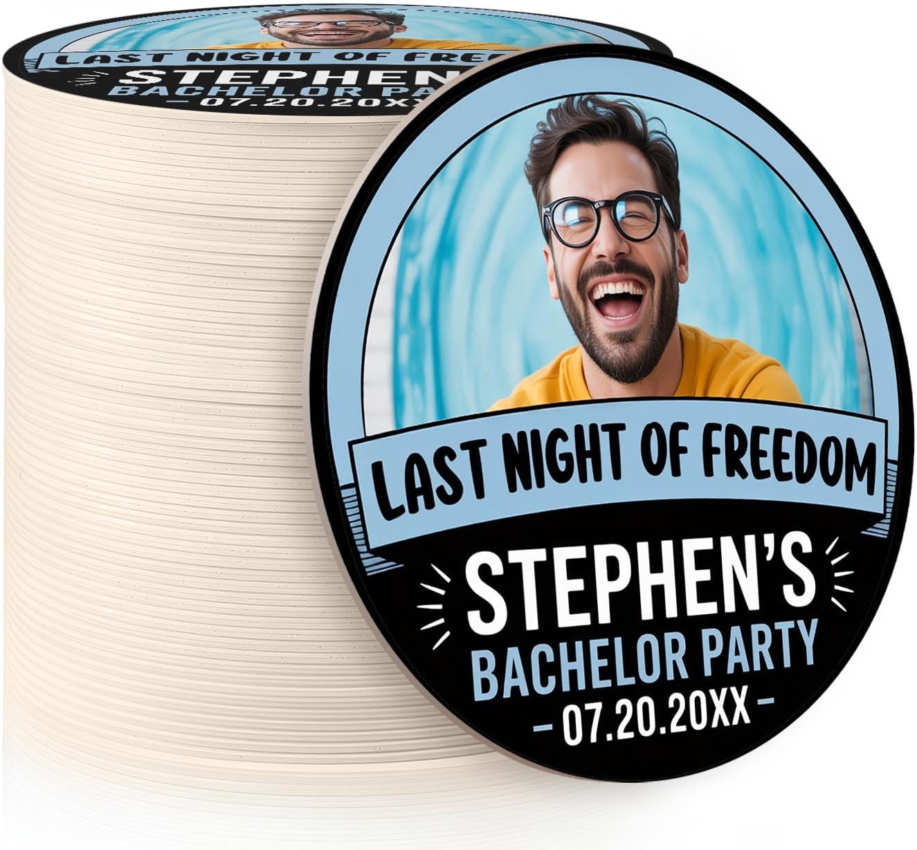 60 Pack Personalized Bachelor Party Coasters, Custom Cardboard Drink Coasters with Photo Print and Text, Fun Bachelor Party Favors and Gifts, 3.95" Round, Design 3