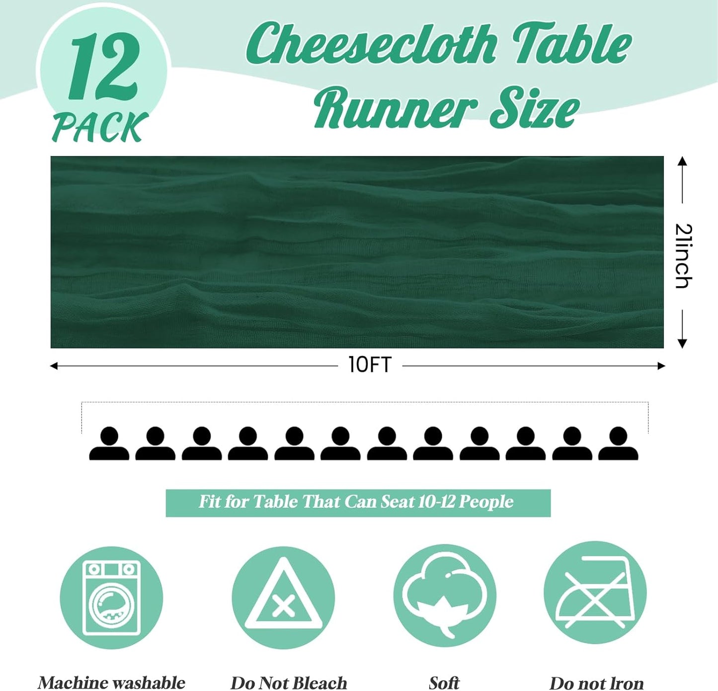 12 Pack Emerald Green Table Runners 10FT Cheesecloth Table Runner 21x120 inch Boho Gauze Cheese Cloth Table Runner Rustic Sheer Table Runners for Party Wedding Bridal Baby Shower Birthday Table Decor