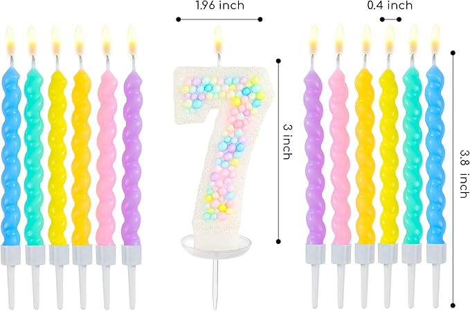 PHD CAKE Number 7 Birthday Candle Macaron Glitter Number Candle with Rainbow Spiral Candles in Holders for Cake Topper, Pastel Sweet Theme Party Decoration