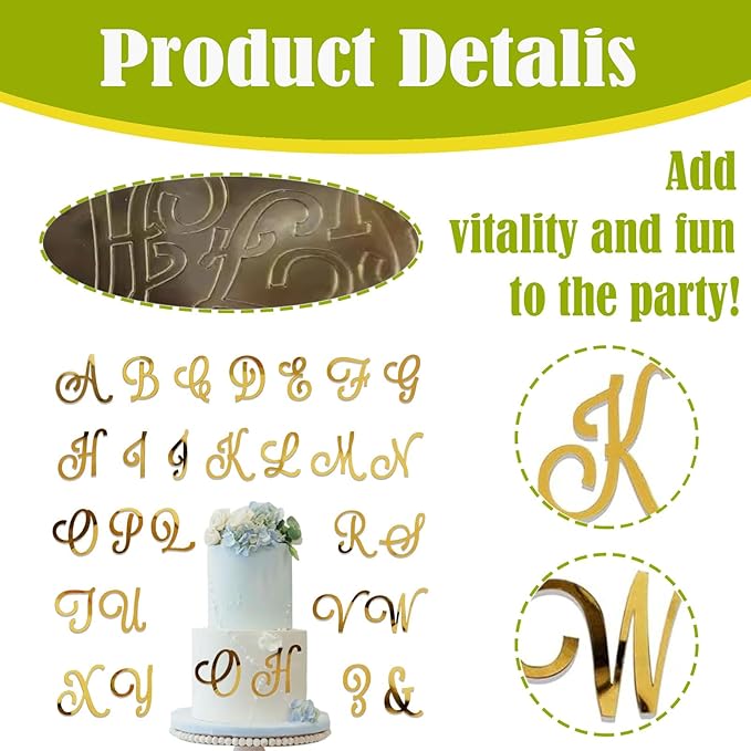 Acrylic Alphabet Cake Topper – DIY Personalized Name Cake Toppers with A-Z Gold Letter Set for Custom Wedding, Baby Shower, or Birthday Party Decorations