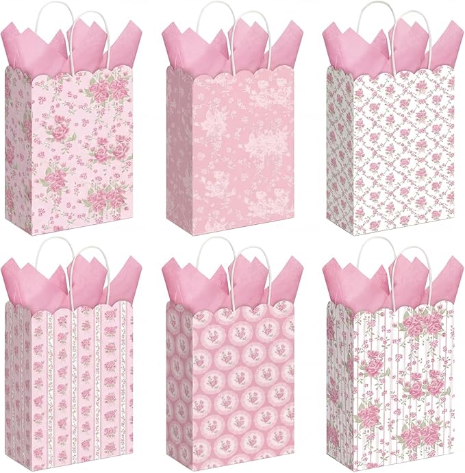 Kolldenn 24 Pcs Vintage Floral Party Gift Bags with Handles Paper Candy Treat Goodie Bags Scalloped for Birthday Decoration for Bridal Baby Shower Tea Party Supplies