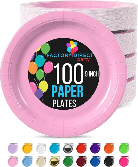 Exquisite Party Solids Pink Paper Plates Disposable Heavy Duty 9 Inch Pink Disposable Plates For Party 100 Pcs Heavy Duty 350 GSM, Birthday Supplies