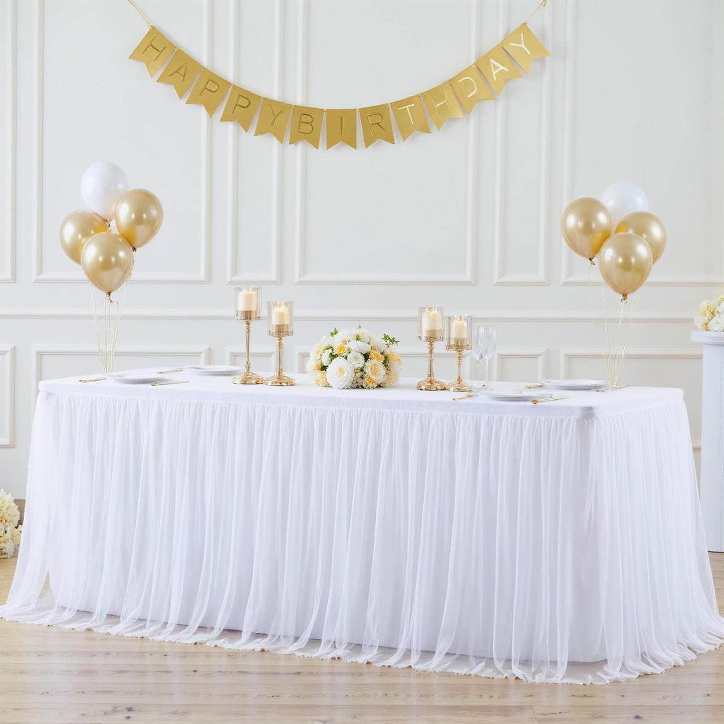 Suppromo 6 Pack White Tulle Tablecloths for 6 Foot Rectangular Tables, 72 x 30 Inch White Rectangle Table Cloth, Wrinkle Free Table Cover with Tutu Skirt for Wedding Birthday Party Banquet