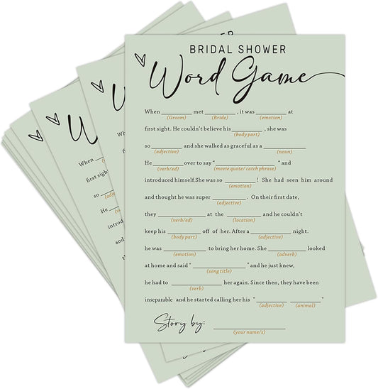 Bridal Shower Games, Bridal Word Game, 25Pcs Minimalist Sage Green Bridal Game Cards, Wedding Shower Games for Guests, Engagement Bachelorette Party Supplies