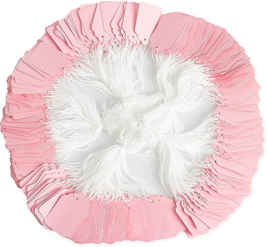 500 Pack Pink Hang Tags with White Cotton Strings Attached –1.88inch x 1.18inch – Bulk Clothing Tags for Retail, Crafting, Events, and Product Branding