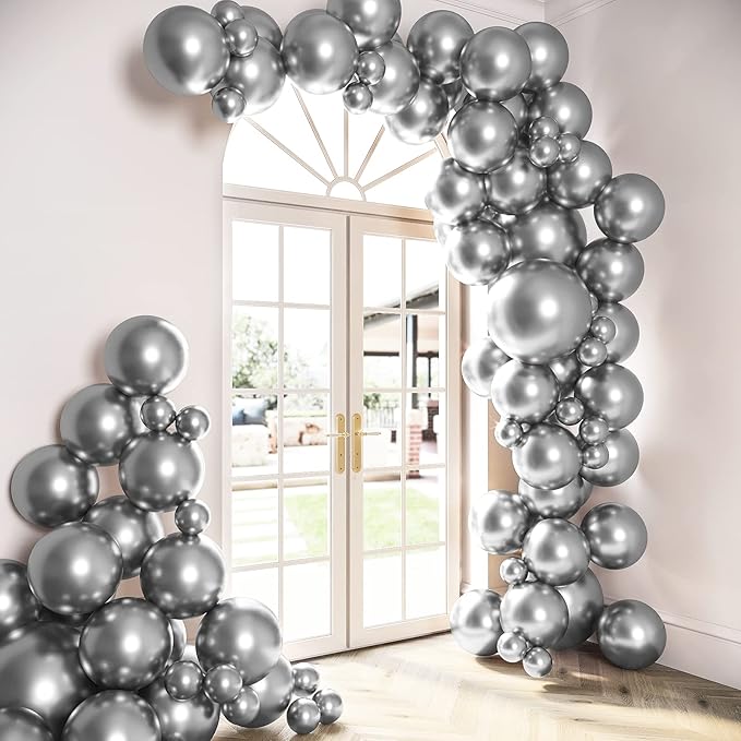 HOUSE OF PARTY Silver Balloons - 92 Pcs Metallic Silver Balloons Different Sizes 18", 12", 5" - Ideal for Silver Party Decorations, Birthday Celebrations, Graduations, and valentines Decor