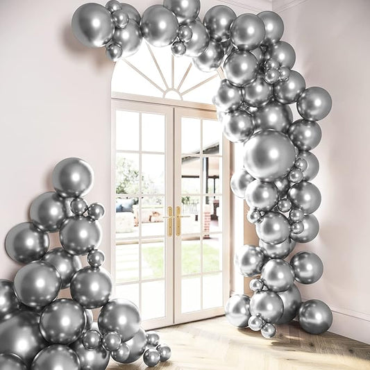 HOUSE OF PARTY Silver Balloons - 92 Pcs Metallic Silver Balloons Different Sizes 18", 12", 5" - Ideal for Silver Party Decorations, Birthday Celebrations, Graduations, and valentines Decor