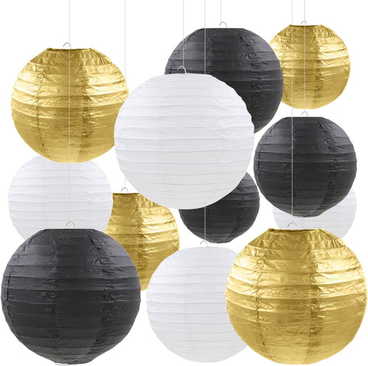 12 Pcs Black Gold White Paper Lanterns Black Gold Hanging Paper Lanterns for New Year Wedding Graduation Anniversary Birthday Party Home Graden Decor