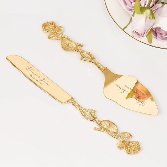 Cake Cutting Set for Wedding, Personalized Gold Cake Knife and Server Set, Custom Cake Serving Set, Engraved Pastry Pie Server Cake Pizza Cutter, Birthday Bridal Gift (CUS-Rose)