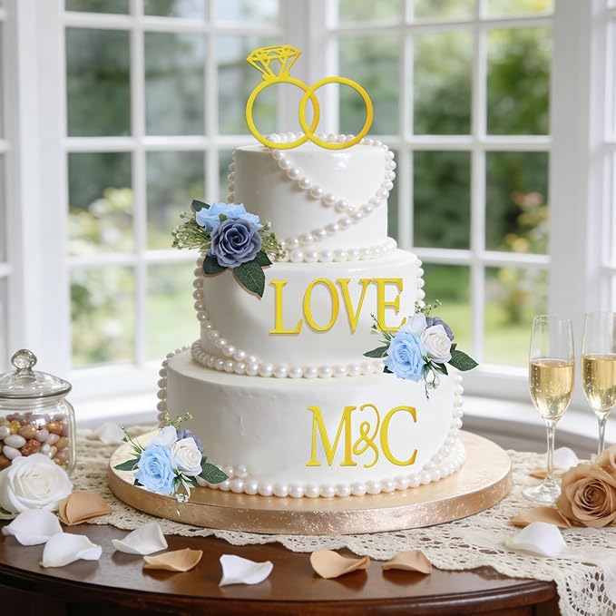 4Pcs Wedding Cake Topper Diamond Ring Cake Topper with 26 Letter Personalize Bride and Groom Initial Sign Cake Decor for Bridal Shower Party