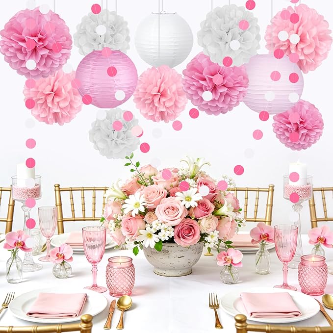 14 Pcs Pink Party Decorations Kit - Tissue Pom Poms, Lanterns & Polka Dot Garland for Girls Birthday, Baby Shower, Bachelorette, Princess Theme, Bridal Shower, Valentine's & Mother's Day