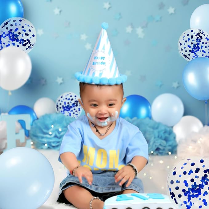 68Pcs Blue and White Balloons Kit 12 Inch, Blue Confetti Balloons Light Blue Baby Blue Pearl White Party Balloons with Ribbons for Birthday, Wedding, Baby Shower, Graduation Decorations
