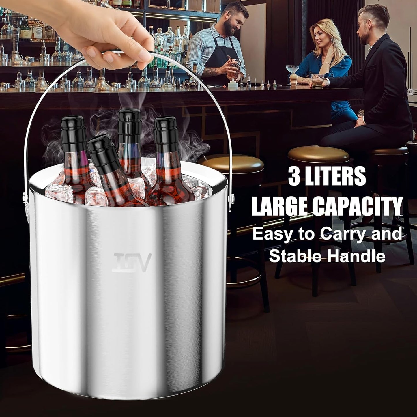IOV Ice Bucket with Lid, Scoop, Tongs, and Strainer, 3 L Stainless Steel Double Wall Insulated Ice Bucket for Parties, Keeps Ice Frozen Longer, Ideal for Cocktail Bars, Freezers, and Wine - Silver