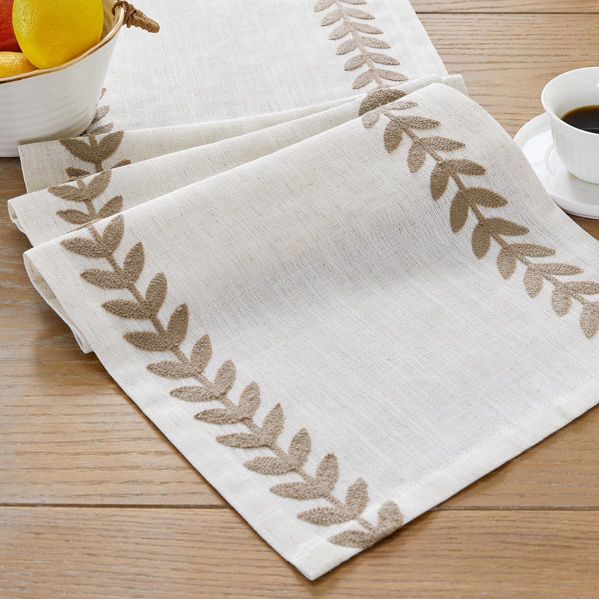 Wracra Embroidered Fall Table Runner Irregular Willow Leaf Table Runners 48 Inches Long for Dresser Home Dining Table Decor,14 x 48 Inch, Taupe