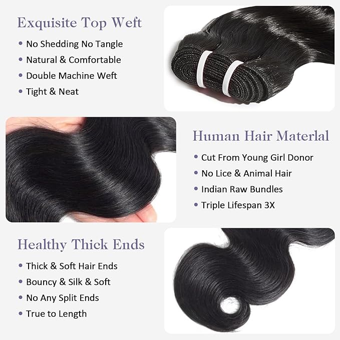 12A Raw Bundles Human Hair Body Wave Human Hair Bundles,24 26 28 30 Inch Indian Virgin Bundles Human Hair Quick Weave, Triple Lifespan No Tangle Shedding Keep Texture Silky Soft After Multiple Washes