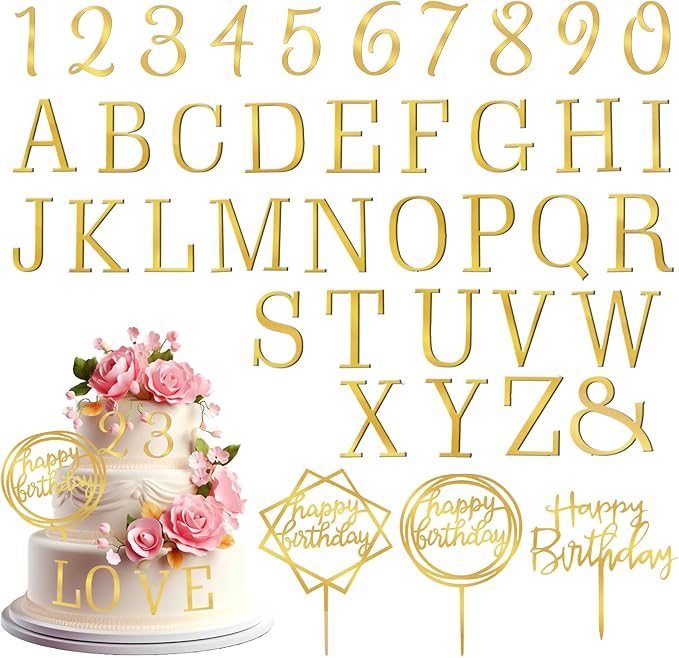 40PCS Gold Letters for Cake, Acrylic Cake Topper Letters, A-Z Alphabet and 0-9 Number for Cake Decorating, Happy Birthday Cake Toppers, DIY Personalized Name Cake Toppers for Birthday Party