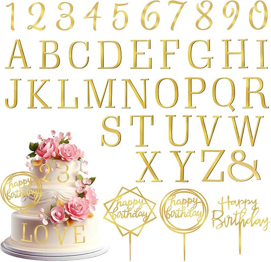40PCS Gold Letters for Cake, Acrylic Cake Topper Letters, A-Z Alphabet and 0-9 Number for Cake Decorating, Happy Birthday Cake Toppers, DIY Personalized Name Cake Toppers for Birthday Party