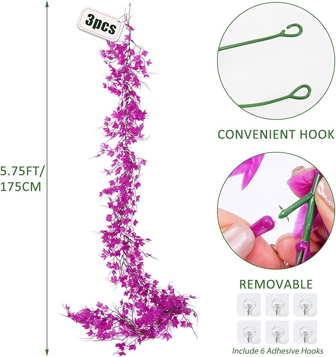 Artificial Garlands Leaf Garland Artificial Ivy Vines Fausse Plante Decorative Room Decor Vines Green Vines ivy Garland for Decor for Wall House Room Patio Indoor Outdoor Home Dorm Decor(Pure Fuchsia)
