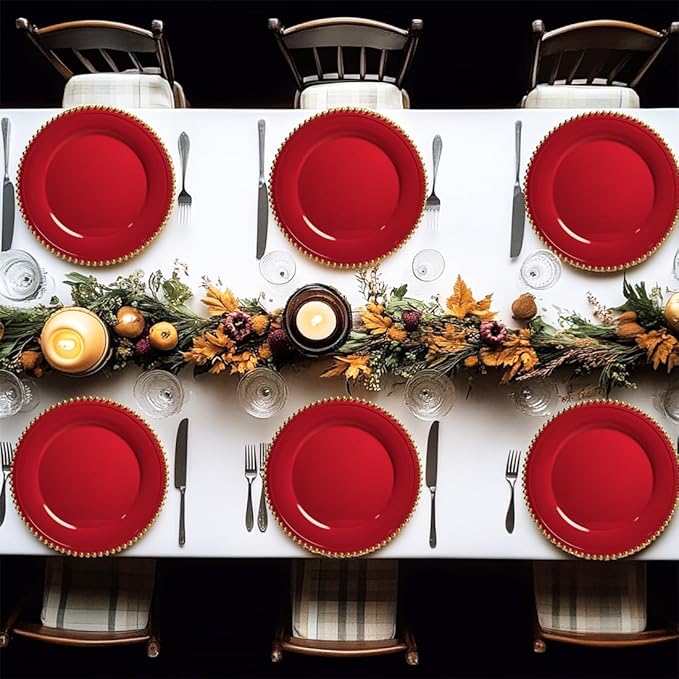 Red Charger Plates, 13 Inch Plastic Beaded Chargers for Dinner Plates, Party, Wedding, Birthday. Table Setting, (Set of 6)