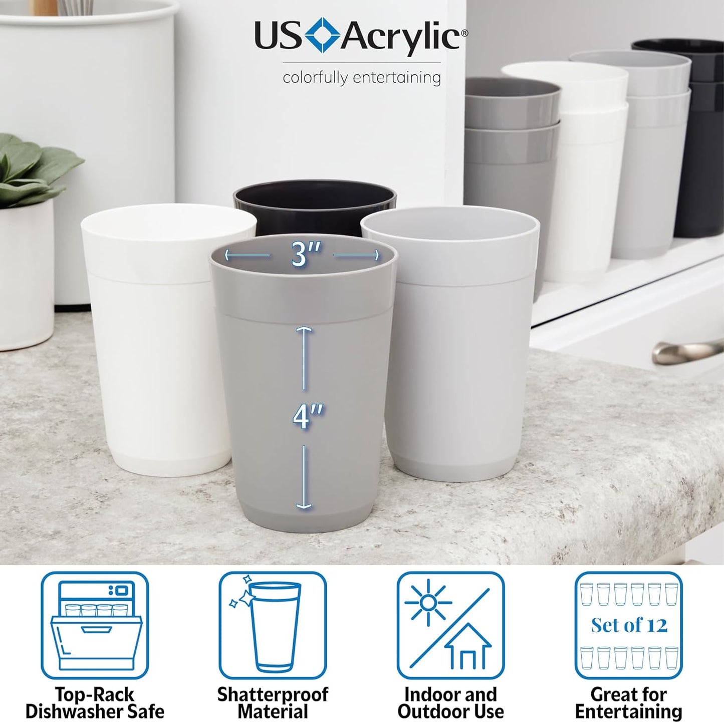 US Acrylic Newport 10 ounce Unbreakable Plastic Stackable Juice Tumblers in Grey Stone | Set of 12 Drinking Cups | Reusable, BPA-free, Made in the USA, Top-rack Dishwasher and Microwave Safe