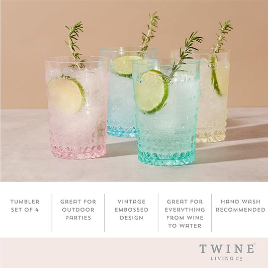 Twine Embossed Acrylic Colorful Drinking Glasses, Durable Shatterproof Tumblers for Cocktails, Wine, Juice, Water, Perfect for Outdoor Parties, BBQs, Poolside & Patio, 10.5 oz, Set of 4, Assorted