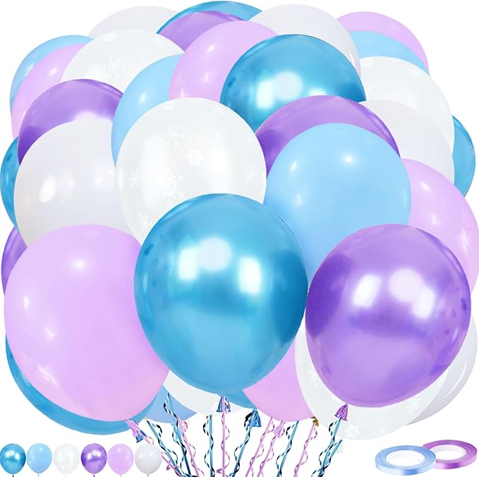 Blue and Purple Balloons, 60pcs 12Inch Macaron Metallic Blue Purple Snowflake Confetti Latex Balloons with Ribbon for Girls Party Snowflake Ice Snow Theme Birthday Party Decoration