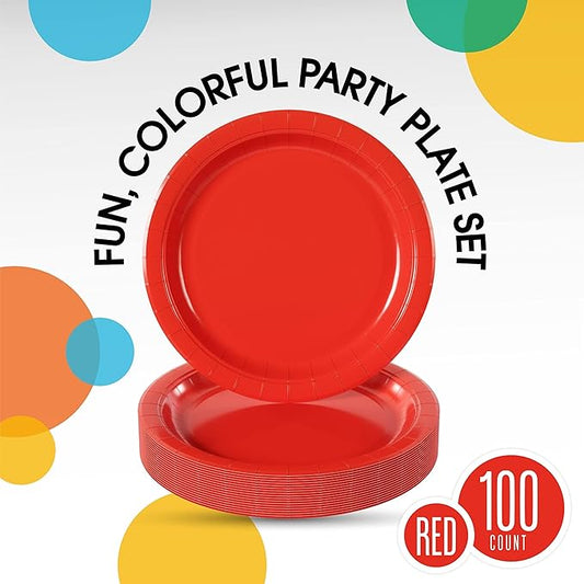 Exquisite Party Solids Red Paper Plates Disposable Heavy Duty 7 Inch Red Disposable Plates For Party 100 Pcs Heavy Duty 350 GSM, Birthday Supplies