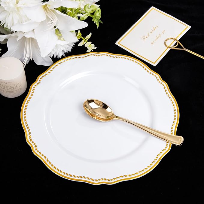 Hioasis 60pcs Gold Plastic Plates - White and Gold Disposable Dinnerware with Gold Rim, Heavy-duty, 10 inch, Dinner Plates for Party & Wedding