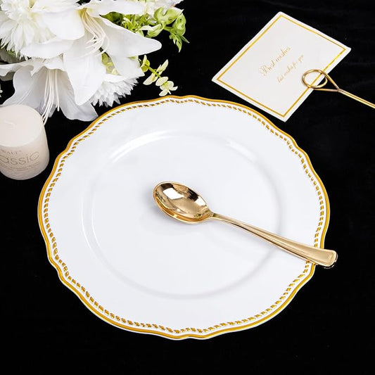 Hioasis 60pcs Gold Plastic Plates - White and Gold Disposable Dinnerware with Gold Rim, Heavy-duty, 10 inch, Dinner Plates for Party & Wedding