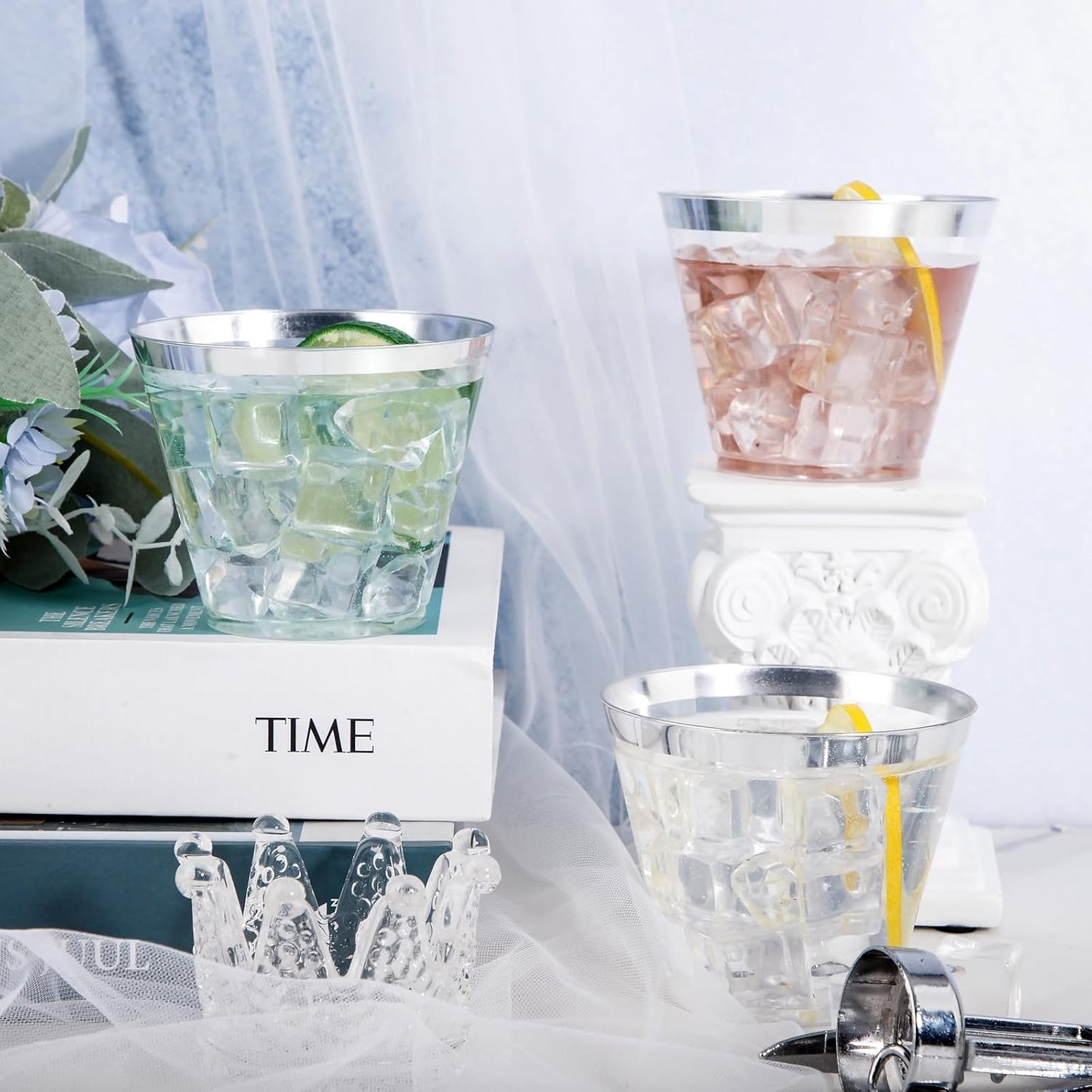 Nervure 120PCS Silver Plastic Cups - 9Oz Silver Rimmed Plastic Cups - Heavy Duty Plastic Cup with Silver Rim Perfect for Weddings, Receptions & Parties