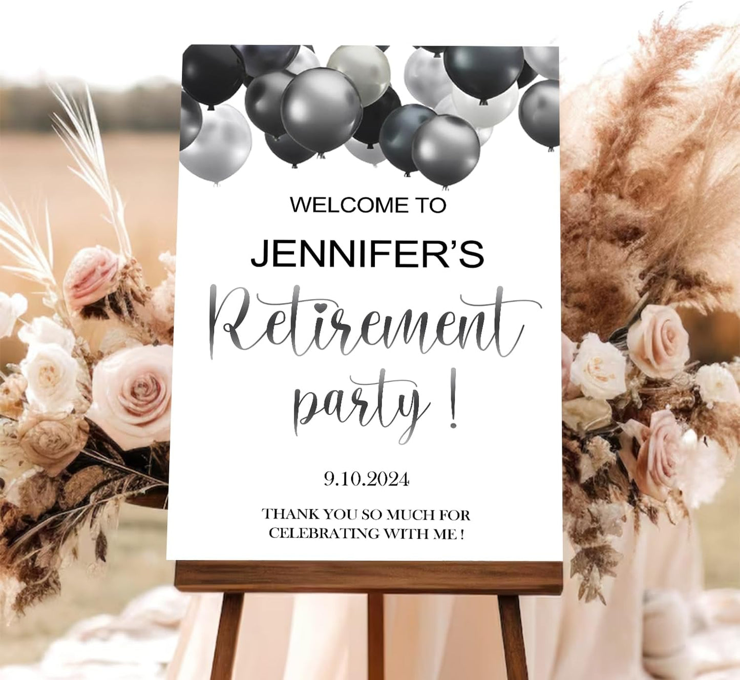 Retirement Party Welcome Sign, Elegant Blue White Black Silver Balloons Work Retire Welcome, Personalized Retirement Celebration Welcome Sign, Retirement Party Sign