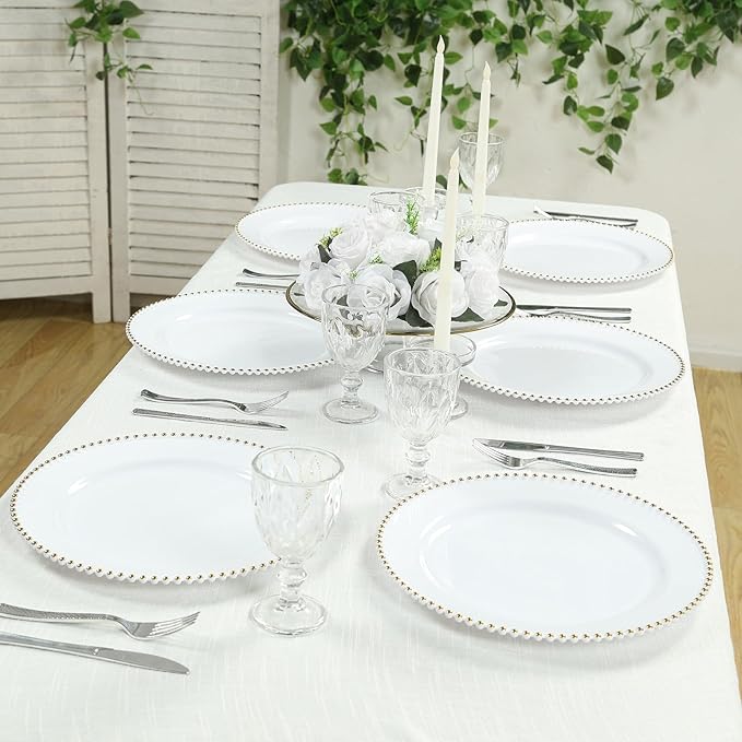 Efavormart 10-Pack Economy Plastic Charger Plates 13" Round White with Gold Beaded Rim - Stylish Dinner Party Serving Plates