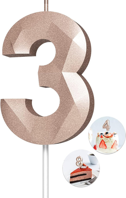Number Birthday Candles(3 Candle Rose Gold) 3D Diamond Shape Number Happy Birthday Cake Candles for Birthday Party Wedding Decoration Reunions Theme Party