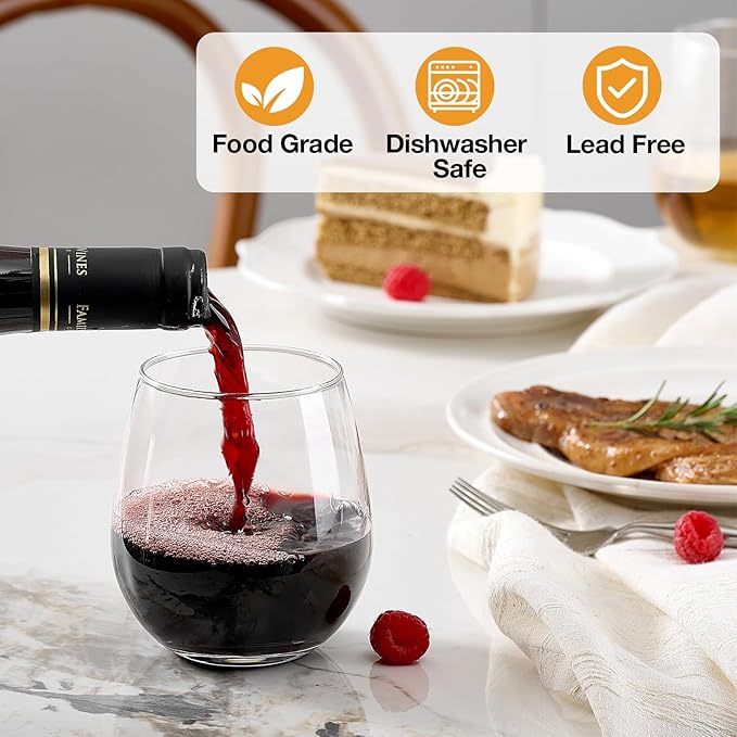 Large Stemless Wine Glasses Set of 6, 17 Ounces Red & White Wine Glasses Tumbler for Party, Clear Drink Glasses, Ideal Wine Accessories Gift, Lead-free, Dishwasher Safe
