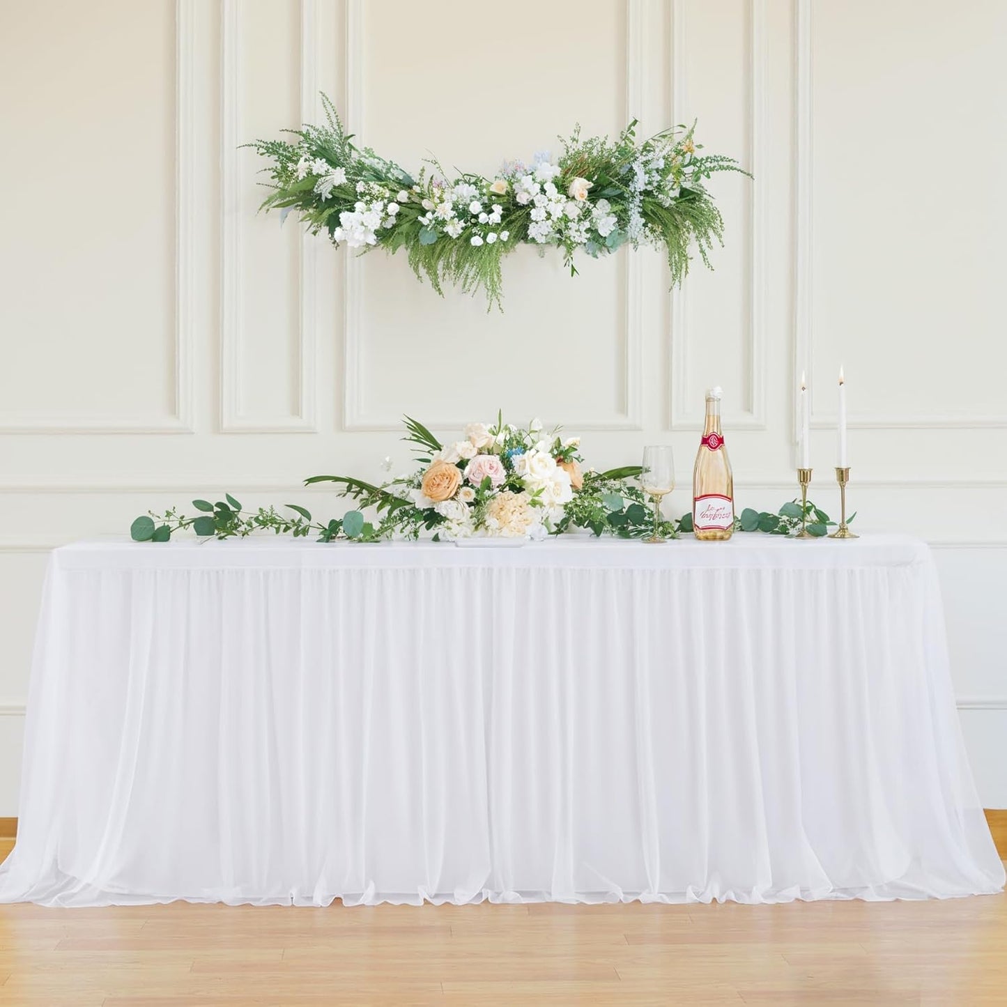 2 Pack White Tulle Tablecloths for 8 Foot Rectangular Tables, 8ft White Tulle Table Skirt, Wrinkle Free Table Cover with Tutu Skirt for Wedding Bridal Shower Birthday Party Banquet Buffet Cake Event