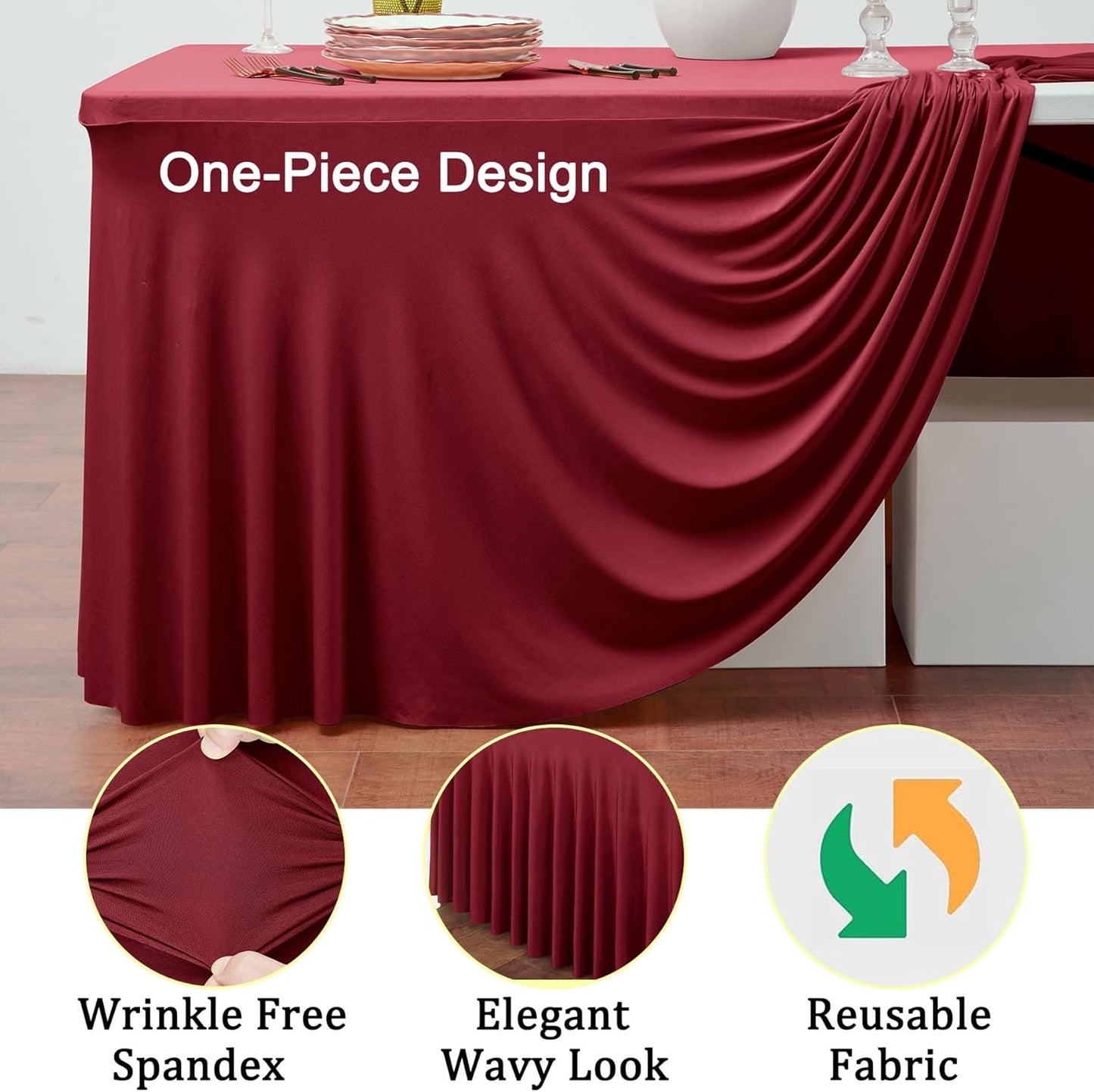 3 Pack Burgundy Spandex Tablecloth for 6 Foot Rectangle Tables, Wrinkle Free Fitted Table Cloth Cover 6ft Maroon Stretchy Tablecloths with Skirt for Parties Weddings Birthday Banquet Baby Shower