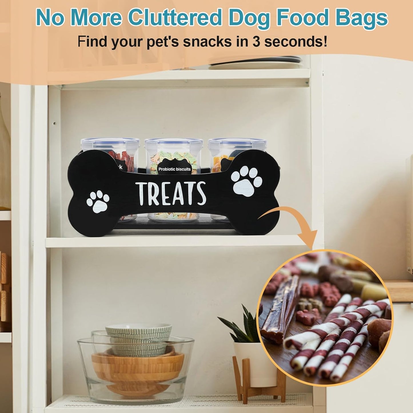 WGFKVAS Dog Treat Storage Containers, 3 Jar Countertop Organizer with Airtight Lids, Black Wooden Pet Food Dispenser for Dogs & Puppies, Perfect Food Storage Solution and Gift for Dog Owners