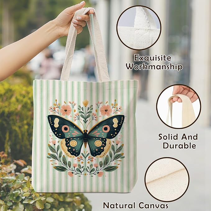 Green Butterfly Floral Tote Bag for Women,Butterfly Canvas Tote Bag for Girls,Green and White Striped Farmhouse Botanical Aesthetic Reusable Shopping Grocery Bags Party Favors