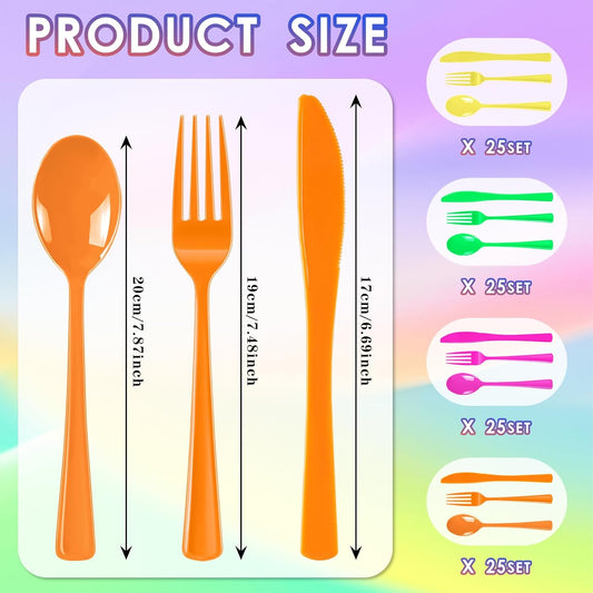 300 Pack Neon Party Disposable Plastic Silverware Heavy Duty, Plastic Cutlery Set, Forks and Spoons Knives Set for Birthday Party Prom Night, Weddings（Orange,Green, Hot Pink, Yellow Colors）