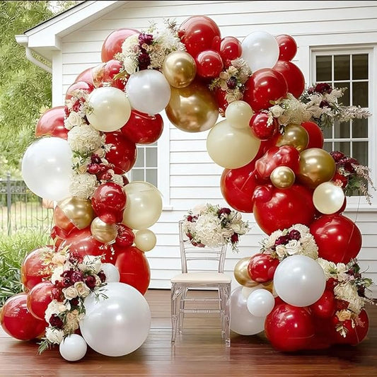 Red White Gold Balloon Garland Double Stuffed Burgundy Red White Sand Pearl Balloon Arch Kit Maroon Wine Balloons for Mother's Day Birthday Bridal Shower Wedding Graduation Party Decorations