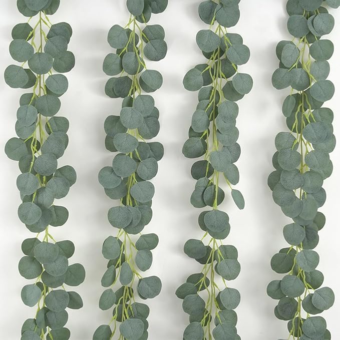 Faux Eucalyptus Garlands for Decoration, Fake Vines for Greenery Backdrop, 2 Pack Artificial Eucalyptus Vines for Wedding Decoration, Leaf Garlands for Table Mantle and Wall Hanging Decoration