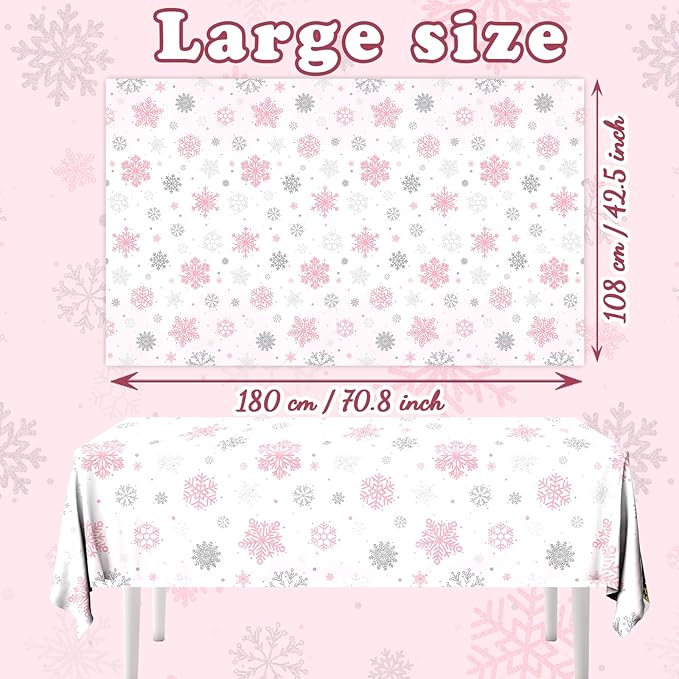 GREHUMOR 3pcs Snowflake Winter Tablecloth Party Decoration Winter Snowflake Pink White Wonderland Theme Table Cover Disposable Plastic Waterproof for Christmas Holiday Birthday Party Supplies