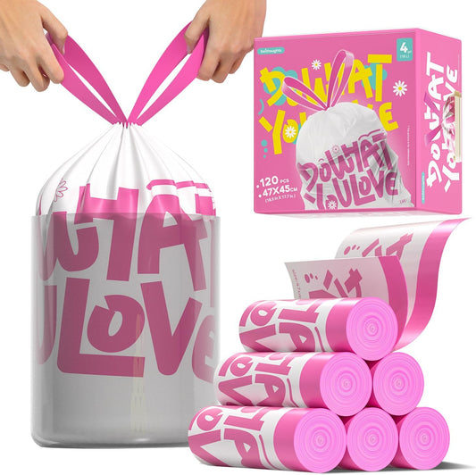 4 Gallon Trash Bags, 120 Count White Alphabet Printed Small Drawstring Garbage Bags Unscented for Toilet Home Office and Bedroom