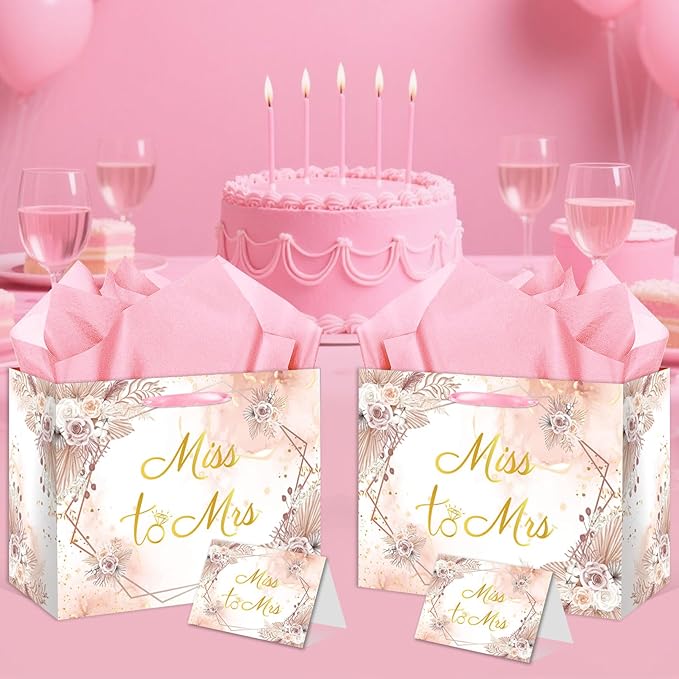 EIGHTSTATES Floral Boho Bridal Shower Gift Bag - Pink Miss to Mrs Wedding Gift Bags with Card & Tissue Paper - Bridal Shower Party Favors, Bachelorette Party Supplies & Wedding Gift Wrapping