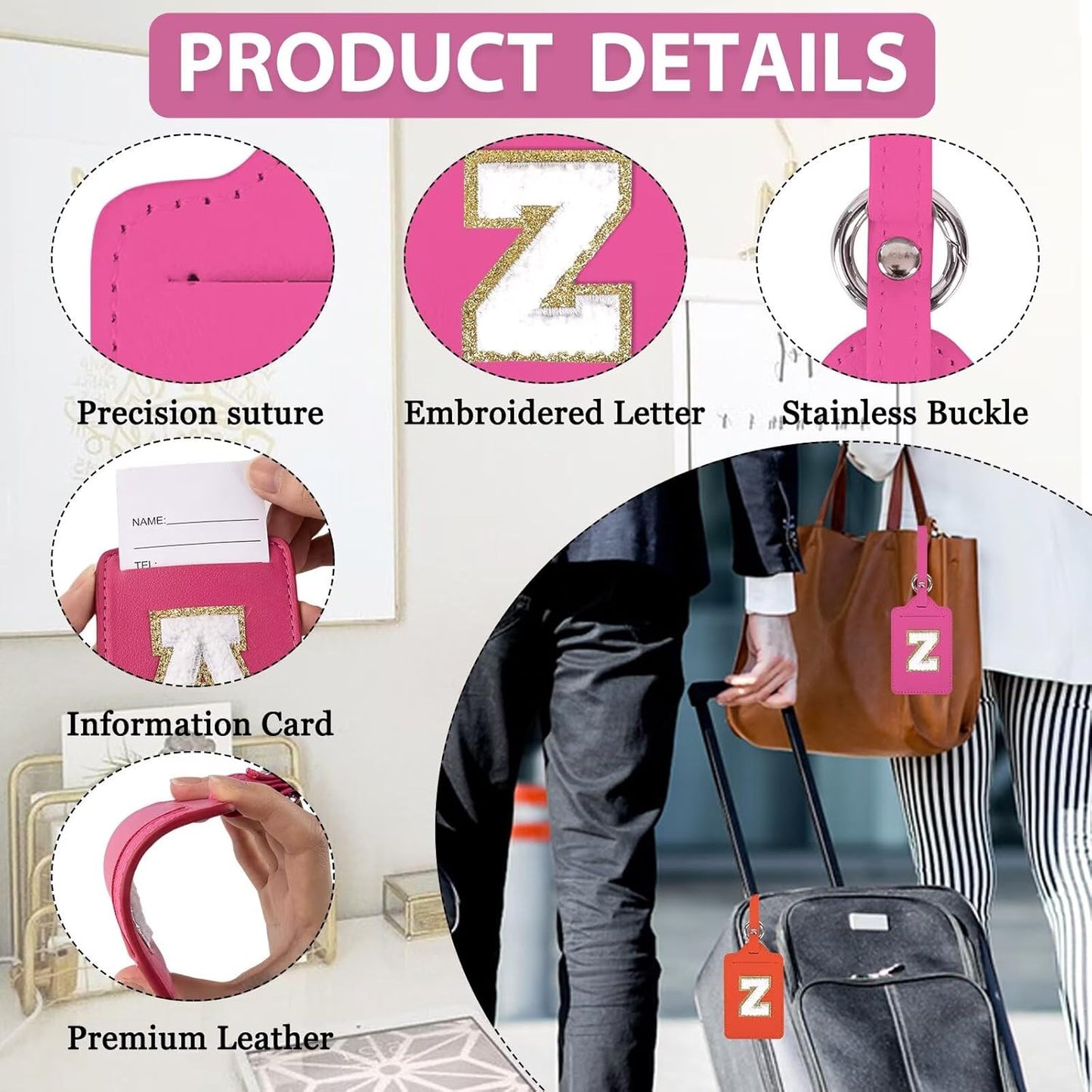 XSUIOY Personalized Initial Luggage Tags for Suitcases, Leather Chenille Letter Cute Luggage Tags with Privacy Name Card, Embroidered Travel Bag Backpack Tags Gifts for Women Kids Girls Teens