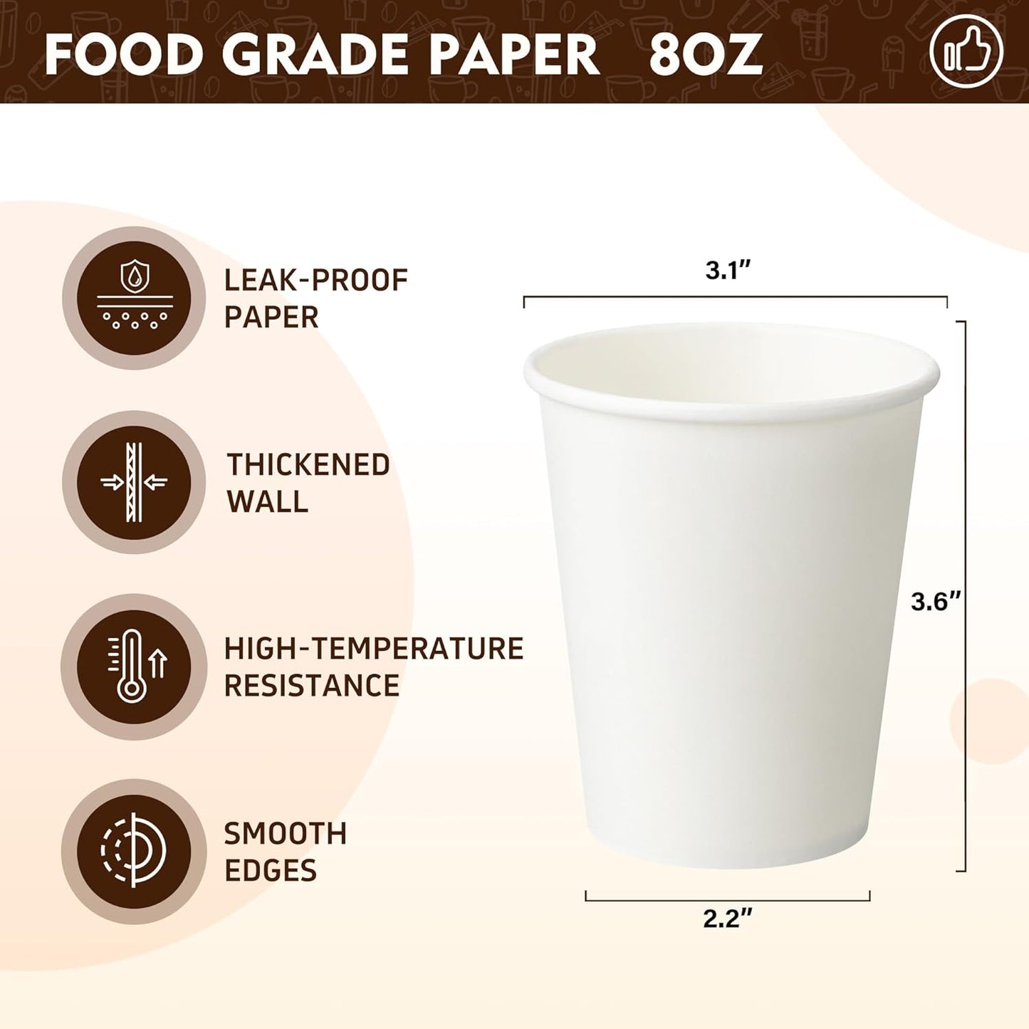 YEEHAW 8 oz 500 Pack Paper Cups, Disposable Coffee Cups, White Hot Cups, Suitable for Hot Drinkings, Perfect for Office, Home and Party Events