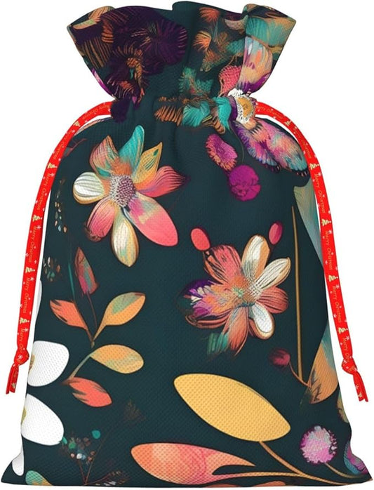 Colorful Boho Floral Printing Christmas Drawstring Gift Bags With Holiday Present Xmas Party Favors Fillers Sacks